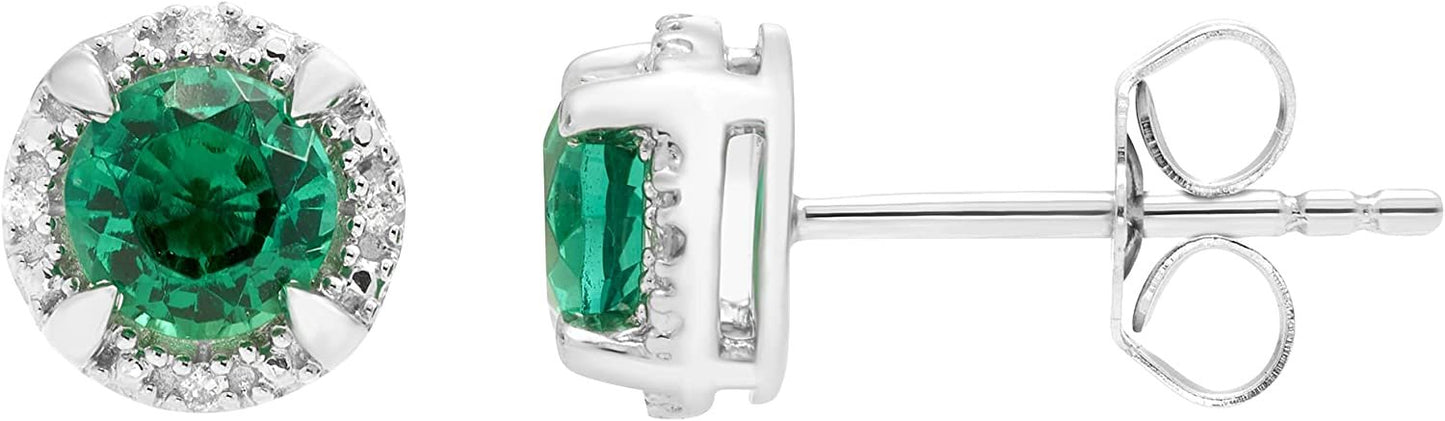 Sterling Silver Lab-Grown Emerald & Genuine Diamond Halo Earrings
