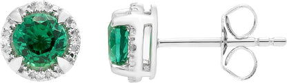 Sterling Silver Lab-Grown Emerald & Genuine Diamond Halo Earrings